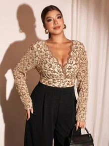 Cravure Plus Size Beige Lace Jumpsuit, Elegant Curve-Flattering Cocktail Brunch Evening Wear, Wide Leg Long, Autumn/Winter Style Fall Party - Multicolor - View 7