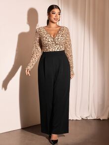 Cravure Plus Size Beige Lace Jumpsuit, Elegant Curve-Flattering Cocktail Brunch Evening Wear, Wide Leg Long, Autumn/Winter Style Fall Party - Multicolor - View 4