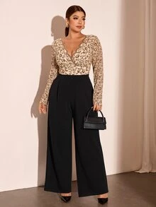 Cravure Plus Size Beige Lace Jumpsuit, Elegant Curve-Flattering Cocktail Brunch Evening Wear, Wide Leg Long, Autumn/Winter Style Fall Party - Multicolor - View 3