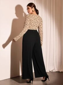 Cravure Plus Size Beige Lace Jumpsuit, Elegant Curve-Flattering Cocktail Brunch Evening Wear, Wide Leg Long, Autumn/Winter Style Fall Party - Multicolor - View 2
