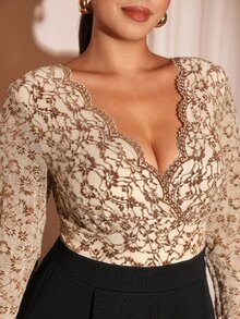 Cravure Plus Size Beige Lace Jumpsuit, Elegant Curve-Flattering Cocktail Brunch Evening Wear, Wide Leg Long, Autumn/Winter Style Fall Party - Multicolor - View 5
