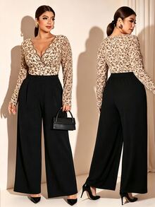Cravure Plus Size Beige Lace Jumpsuit, Elegant Curve-Flattering Cocktail Brunch Evening Wear, Wide Leg Long, Autumn/Winter Style Fall Party - Multicolor - View 1