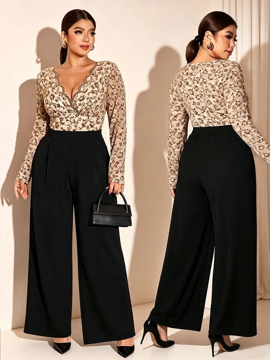 Cravure Plus Size Beige Lace Jumpsuit, Elegant Curve-Flattering Cocktail Brunch Evening Wear, Wide Leg Long, Autumn/Winter Style Fall Party - Multicolor - View 1