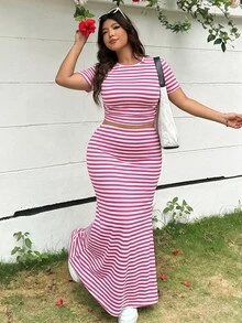 Solflare 2件/組 女款大尺碼黑白條紋休閒T恤與長裙，春季/夏季 - 玫紅色 - 查看 7