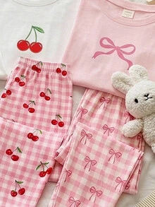 蝴蝶結復古櫻桃印花青少年女孩休閒極簡短袖上衣與長褲家居服套裝，貼身剪裁，隨機3款，發貨1套 - 彩色 - 查看 4