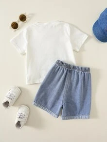 SHEIN 2件組男嬰夏季休閒可愛恐龍短袖T恤與牛仔短褲套裝，牛仔面料，適合春夏，可愛穿搭，男嬰套裝，夏季套裝，牛仔套裝 - 彩色 - 查看 2