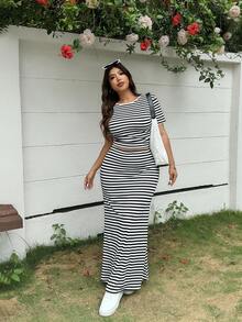 Solflare 2 件套大码女士休闲度假黑白条纹 T 恤和长裙套装，春夏 - 黑與白 - 查看 6