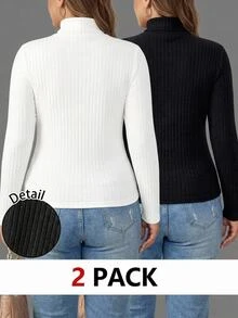 SHEIN CURVE+ Set 2 Potong Kaos Kasual Minimalis Musim Gugur/Dingin, Bergaris, Lembut, Hangat, Kerah Tinggi, Potongan Ramping, Ukuran Plus - Hitam dan Putih - View 2