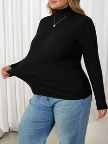 SHEIN CURVE+ Set 2 Potong Kaos Kasual Minimalis Musim Gugur/Dingin, Bergaris, Lembut, Hangat, Kerah Tinggi, Potongan Ramping, Ukuran Plus - Hitam dan Putih - View 5