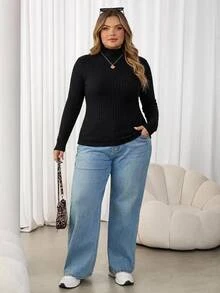 SHEIN CURVE+ Set 2 Potong Kaos Kasual Minimalis Musim Gugur/Dingin, Bergaris, Lembut, Hangat, Kerah Tinggi, Potongan Ramping, Ukuran Plus - Hitam dan Putih - View 6