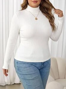 SHEIN CURVE+ Set 2 Potong Kaos Kasual Minimalis Musim Gugur/Dingin, Bergaris, Lembut, Hangat, Kerah Tinggi, Potongan Ramping, Ukuran Plus - Hitam dan Putih - View 7