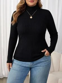 SHEIN CURVE+ Set 2 Potong Kaos Kasual Minimalis Musim Gugur/Dingin, Bergaris, Lembut, Hangat, Kerah Tinggi, Potongan Ramping, Ukuran Plus - Hitam dan Putih - View 11