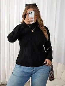SHEIN CURVE+ Set 2 Potong Kaos Kasual Minimalis Musim Gugur/Dingin, Bergaris, Lembut, Hangat, Kerah Tinggi, Potongan Ramping, Ukuran Plus - Hitam dan Putih - View 10