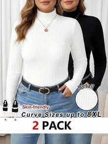 SHEIN CURVE+ Set 2 Potong Kaos Kasual Minimalis Musim Gugur/Dingin, Bergaris, Lembut, Hangat, Kerah Tinggi, Potongan Ramping, Ukuran Plus - Hitam dan Putih - View 8