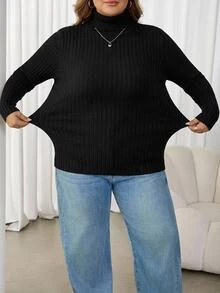 SHEIN CURVE+ Set 2 Potong Kaos Kasual Minimalis Musim Gugur/Dingin, Bergaris, Lembut, Hangat, Kerah Tinggi, Potongan Ramping, Ukuran Plus - Hitam dan Putih - View 9