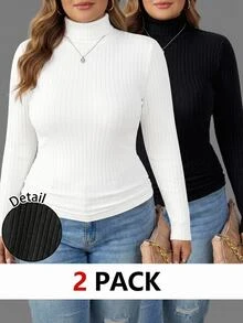 SHEIN CURVE+ Set 2 Potong Kaos Kasual Minimalis Musim Gugur/Dingin, Bergaris, Lembut, Hangat, Kerah Tinggi, Potongan Ramping, Ukuran Plus - Hitam dan Putih - View 1
