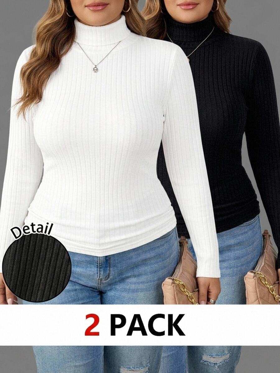 SHEIN CURVE+ Set 2 Potong Kaos Kasual Minimalis Musim Gugur/Dingin, Bergaris, Lembut, Hangat, Kerah Tinggi, Potongan Ramping, Ukuran Plus - Hitam dan Putih - View 1