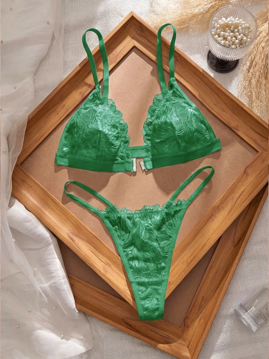 Crystal Vow 2 piezas Conjunto de lencería con cierre delantero de encaje sexy para mujeres - Verde - Ver 1