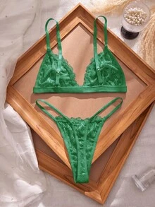 Crystal Vow 2 piezas Conjunto de lencería con cierre delantero de encaje sexy para mujeres - Verde - Ver 3