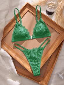 Crystal Vow 2 piezas Conjunto de lencería con cierre delantero de encaje sexy para mujeres - Verde - Ver 2