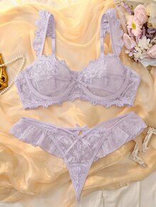 Elorette 2件組淺紫色蕾絲拼接鋼圈聚攏胸部荷葉邊甜美可愛女款內衣套裝 - 淡紫色 - 查看 1