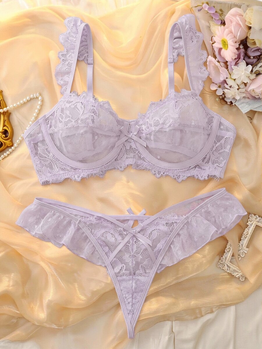 Elorette 2件組淺紫色蕾絲拼接鋼圈聚攏胸部荷葉邊甜美可愛女款內衣套裝 - 淡紫色 - 查看 1