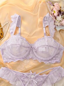 Elorette 2件組淺紫色蕾絲拼接鋼圈聚攏胸部荷葉邊甜美可愛女款內衣套裝 - 淡紫色 - 查看 5