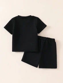 SHEIN 2pcs Baby Boy Summer Casual   Patchwork Black Top And   Patchwork Shorts Set - Multicolor - View 2