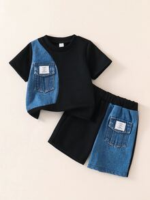 SHEIN 2pcs Baby Boy Summer Casual   Patchwork Black Top And   Patchwork Shorts Set - Multicolor - View 3