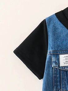 SHEIN 2pcs Baby Boy Summer Casual   Patchwork Black Top And   Patchwork Shorts Set - Multicolor - View 8