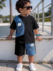 SHEIN 2pcs Baby Boy Summer Casual   Patchwork Black Top And   Patchwork Shorts Set - Multicolor - View 10