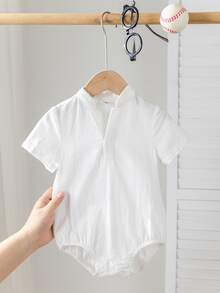 SHEIN Body de cardigan casual y diario unisex para bebé, con cuello mao, adecuado para uso en primavera y verano, tanto en interiores como en exteriores - Blanco - Ver 3