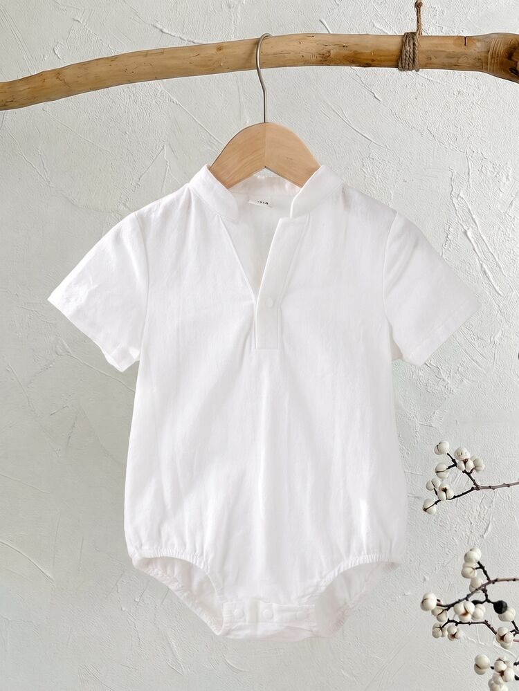 SHEIN Casual Daily Baby Unisex Stand-Up Collar Cardigan Bodysuit, Suitable For Spring And Summer Wear, Indoor And Outdoor - White - View 9