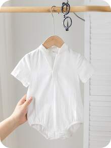SHEIN Body de cardigan casual y diario unisex para bebé, con cuello mao, adecuado para uso en primavera y verano, tanto en interiores como en exteriores - Blanco - Ver 1
