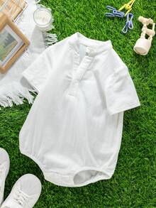 SHEIN Body de cardigan casual y diario unisex para bebé, con cuello mao, adecuado para uso en primavera y verano, tanto en interiores como en exteriores - Blanco - Ver 4