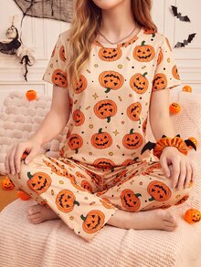 Provexi Provexi Women's Fun Pumpkin Short Sleeve & Long Pants Set - Multicolor - View 1
