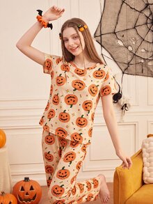 Provexi Provexi Women's Fun Pumpkin Short Sleeve & Long Pants Set - Multicolor - View 5