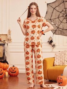 Provexi Provexi Women's Fun Pumpkin Short Sleeve & Long Pants Set - Multicolor - View 7