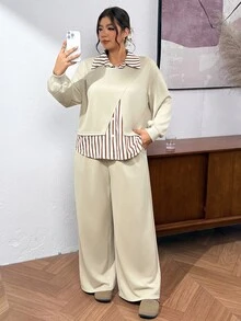 Lounesse 女款大尺碼布料拼接設計休閒傳統兩件套運動衫 米色白色 秋季早午餐度假生日晚宴正式場合 - 卡其色 - 查看 9
