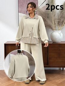 Lounesse 女款大尺碼布料拼接設計休閒傳統兩件套運動衫 米色白色 秋季早午餐度假生日晚宴正式場合 - 卡其色 - 查看 7