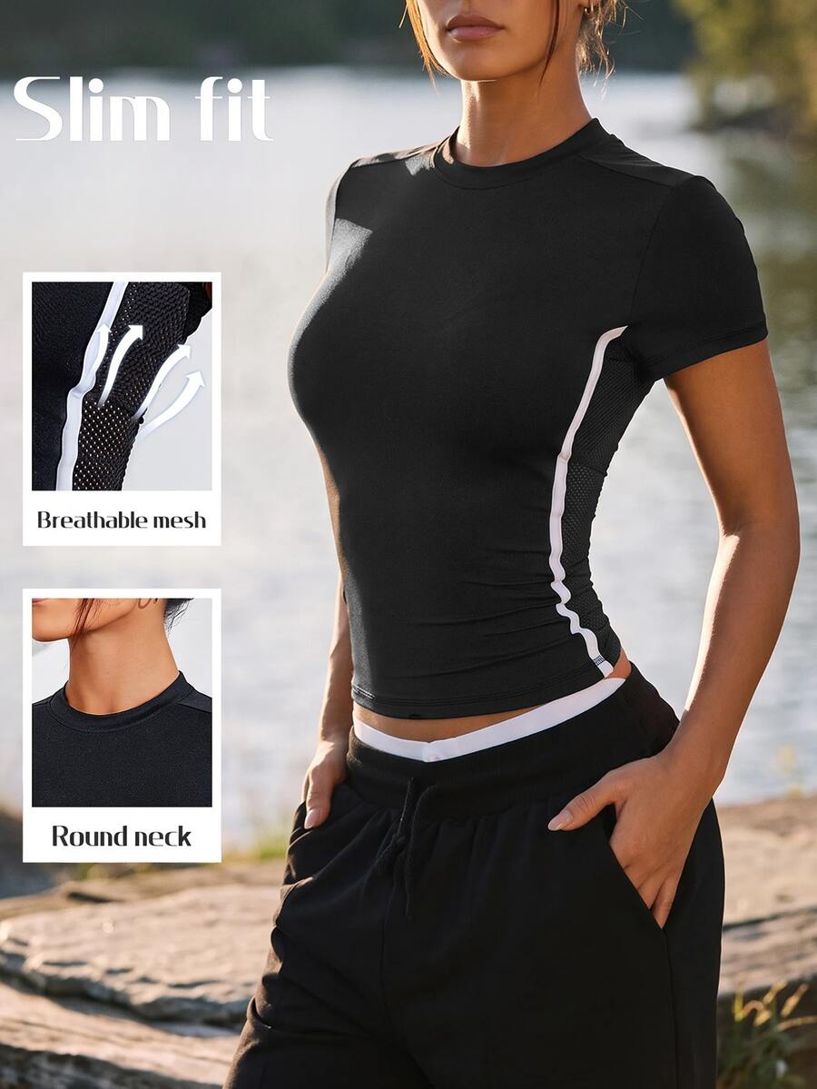 WanderVale FeatherFit™ Cropped Cross Back Tee Workout Tank Top Gym Women Shirts - Black - View 1