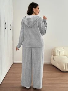 Easowa Curve Plus Size Women's Thermal Lined Zip-Up Hoodie And Pants 2 Pieces Set Formal Vacation Gray Winter Casual Soft Form - Grey - View 2