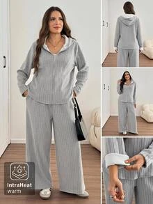 Easowa Curve Plus Size Women's Thermal Lined Zip-Up Hoodie And Pants 2 Pieces Set Formal Vacation Gray Winter Casual Soft Form - Grey - View 1