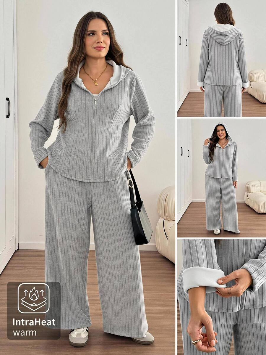 Easowa Curve Plus Size Women's Thermal Lined Zip-Up Hoodie And Pants 2 Pieces Set Formal Vacation Gray Winter Casual Soft Form - Grey - View 1