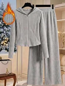 Easowa Curve Plus Size Women's Thermal Lined Zip-Up Hoodie And Pants 2 Pieces Set Formal Vacation Gray Winter Casual Soft Form - Grey - View 8