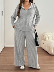 Easowa Curve Plus Size Women's Thermal Lined Zip-Up Hoodie And Pants 2 Pieces Set Formal Vacation Gray Winter Casual Soft Form - Grey - View 4