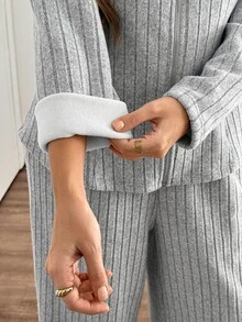 Easowa Curve Plus Size Women's Thermal Lined Zip-Up Hoodie And Pants 2 Pieces Set Formal Vacation Gray Winter Casual Soft Form - Grey - View 3