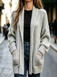 Zayélia Women's Autumn/Winter Casual Solid Color Knit Cardigan - Grey - View 4