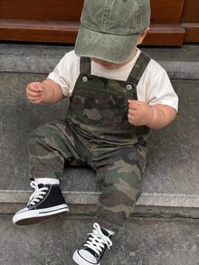 SHEIN 中性新生兒嬰兒男孩/女孩 100%純棉休閒時尚百搭迷彩丹寧吊帶褲連身褲工裝褲，嬰兒男孩服裝套裝，嬰兒男孩夏季穿搭，柔軟丹寧牛仔褲 - 軍綠色 - 查看 10