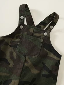SHEIN 中性新生兒嬰兒男孩/女孩 100%純棉休閒時尚百搭迷彩丹寧吊帶褲連身褲工裝褲，嬰兒男孩服裝套裝，嬰兒男孩夏季穿搭，柔軟丹寧牛仔褲 - 軍綠色 - 查看 5